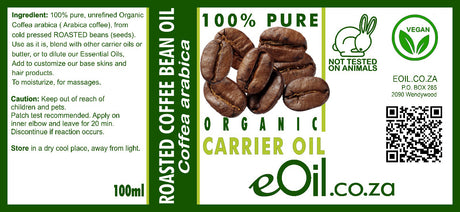A 100ml label for eOil Organic Carrier Oil Coffee Arabica, showing a dark green and white design with a central image of roasted coffee beans, ingredient details, a vegan bunny logo, and a QR code.