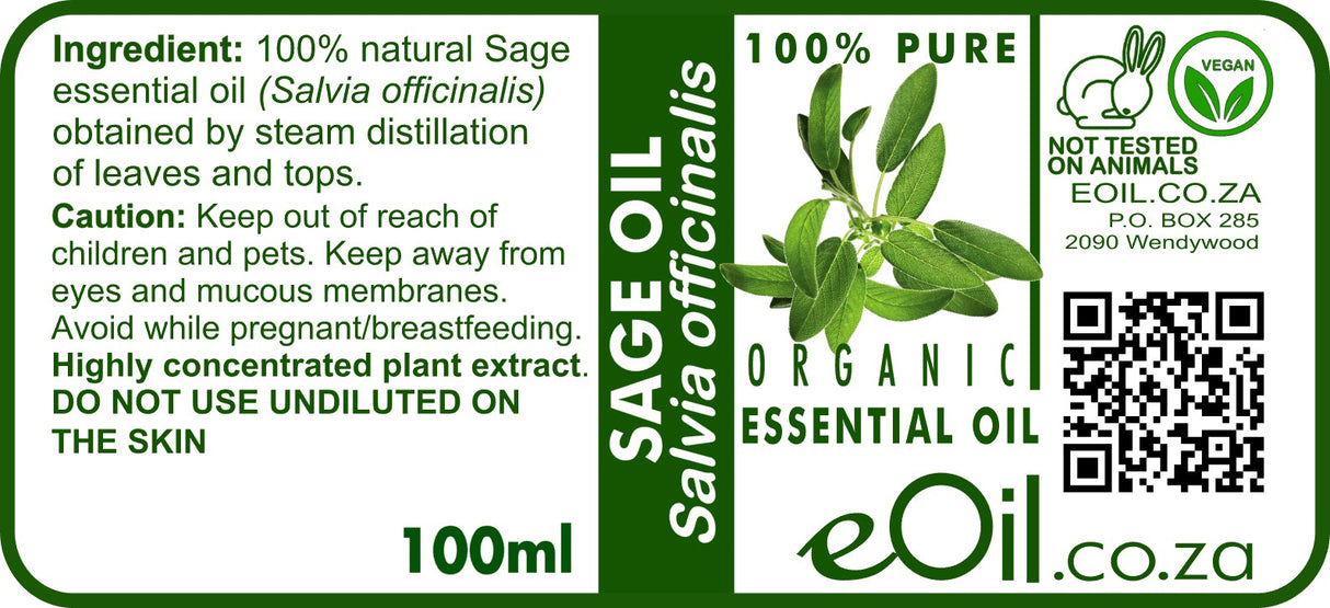 A 100ml label for eOil Organic Sage Oil (Salvia officinalis), featuring a green and white design with a central sage leaf illustration, product details, a QR code, and certification logos.