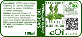 A 100ml label for eOil Organic Sage Oil (Salvia officinalis), featuring a green and white design with a central sage leaf illustration, product details, a QR code, and certification logos.