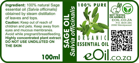 A 100ml label for eOil Organic Sage Oil (Salvia officinalis), featuring a green and white design with a central sage leaf illustration, product details, a QR code, and certification logos.