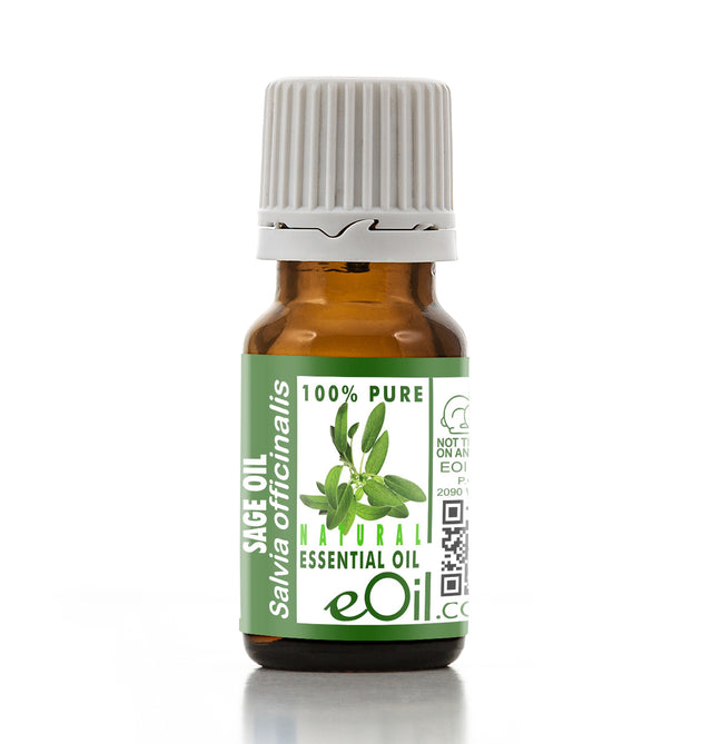 Bottle of Sage essential oil with a green label on a white background