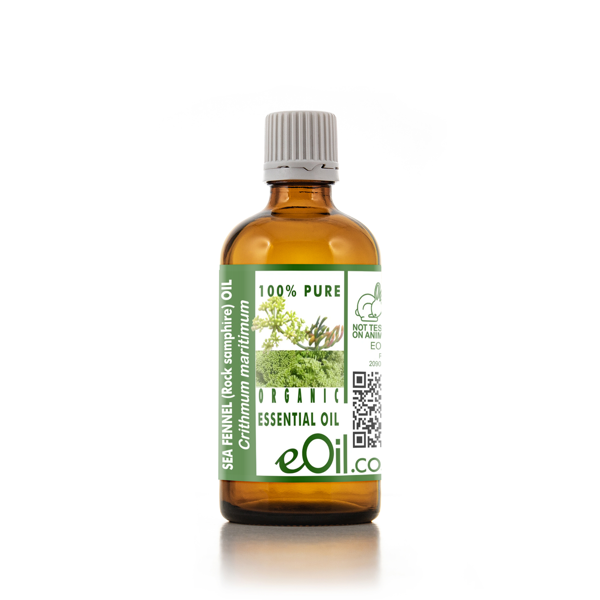 Bottle of essential oil with a green label on a white background