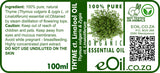 A 100ml bottle label for Thyme ct. Linool Oil, showing the product name, ingredients, usage warnings, a green leaf graphic, a vegan bunny logo, and the eOil.