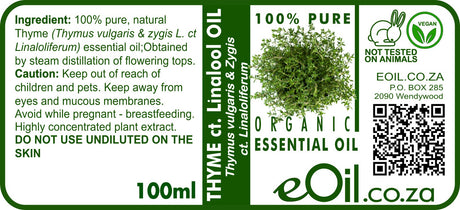 A 100ml bottle label for Thyme ct. Linool Oil, showing the product name, ingredients, usage warnings, a green leaf graphic, a vegan bunny logo, and the eOil.