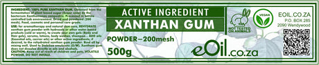 Label of Xanthan Gum powder from eOil.co.za with green and white design.