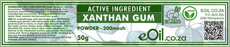 Label of eOil.co.za Xanthan Gum powder packaging with green and white design.