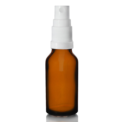 Bottle + atomiser spray white 18/410 -  amber glass 20 ml  - Packaging Collection - eOil.co.za