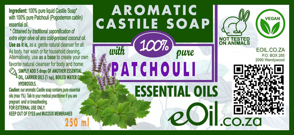 Castile soap Patchouli essential oil liquid natural base undiluted 250 ml - eOil.co.za