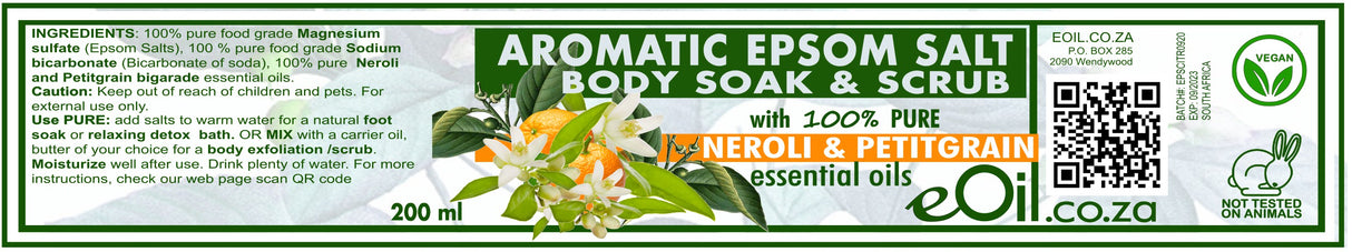 Epsom bath salts Neroli - Petit Grain Aromatic Body Soak & Scrub 200 ml - eOil.co.za