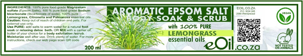 eOil.co.za epsom salts bath scrub with lemongrass essential oils 200 ml 250 gr
