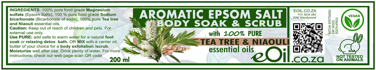 Epsom bath salts Tea Tree & Niaouli Aromatic Body Soak & Scrub 200 ml - eOil.co.za