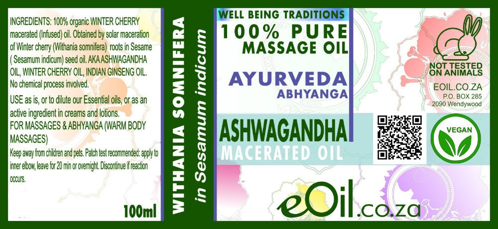 eOil.co.za Ashwagandha Ayurveda oil For body massages, energy boost, immune system boost, physical and mental stress, burnouts, physical and mental exhaustion, muscles and joints discomforts, immune system boost
