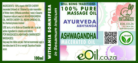 Ashwagandha Ayurveda Carrier Oil - Withania somnifera in sesamum indicum 100 ml - eOil.co.za  label