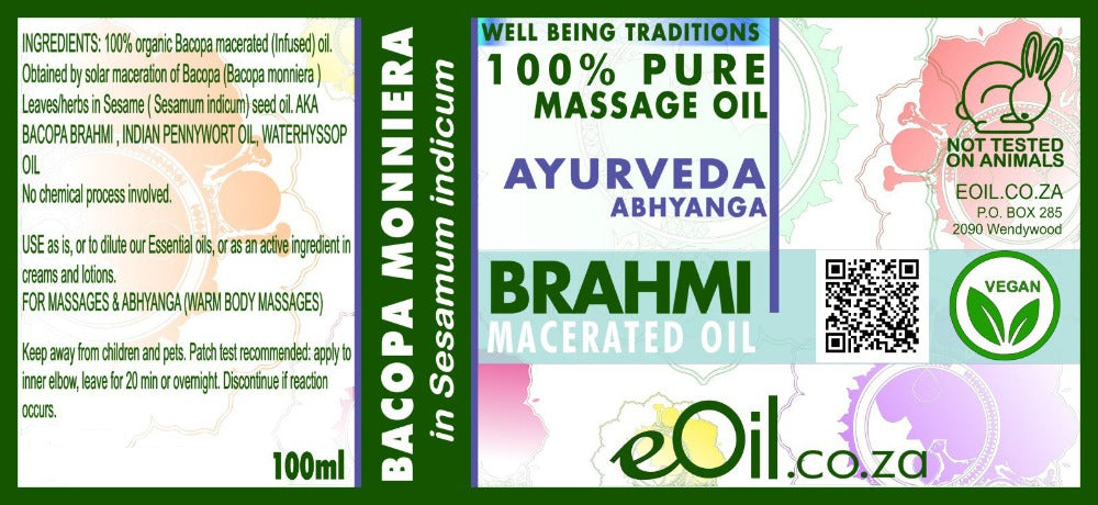 eOil.co.za Bhrami bacopa ayurveda oil. Hydrating, firming, smoothing, and softening. For all skin types. For dry, prematurely aging, marks and scars. Associated with castor oil for hair care. Promote relaxation, balance & calm