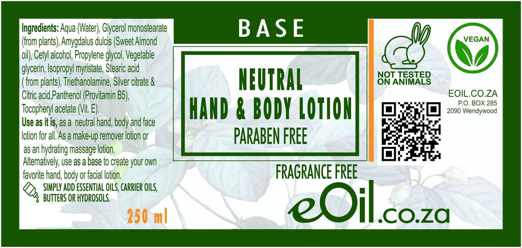 HAND & BODY LOTION NEUTRAL BASE PARABEN FRAGRANCE FREE BASE 250 ml - eOil.co.za
