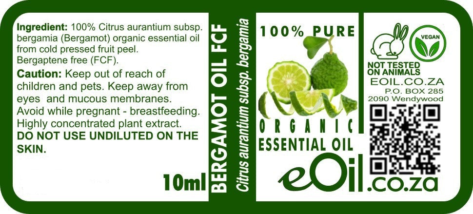 Bergamot Essential Oil Organic FCF-free, safe citrus aroma for perfumes, diffusers, and summer use