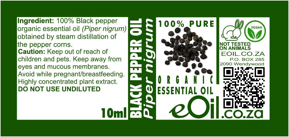 BLACK PEPPER ORGANIC ESSENTIAL OIL (Piper nigrum) 10 ml - eOil.co.za