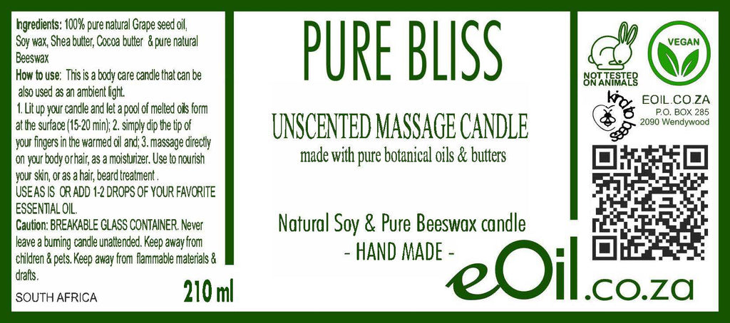 Massage Candle soy wax unscented natural 210 ml PURE BLISS - eOil.co.za