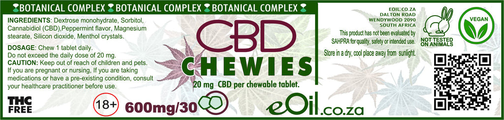 “CHEWIES” PEPPERMINT FLAVOURED CHEWABLE CBD TABS - eOil.co.za