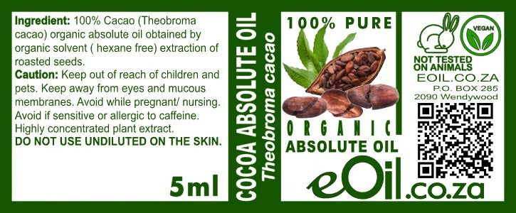 Cocoa Absolute Organic Oil, chocolatey aromatic extract for perfumery, decadent blends, skincare treats - label