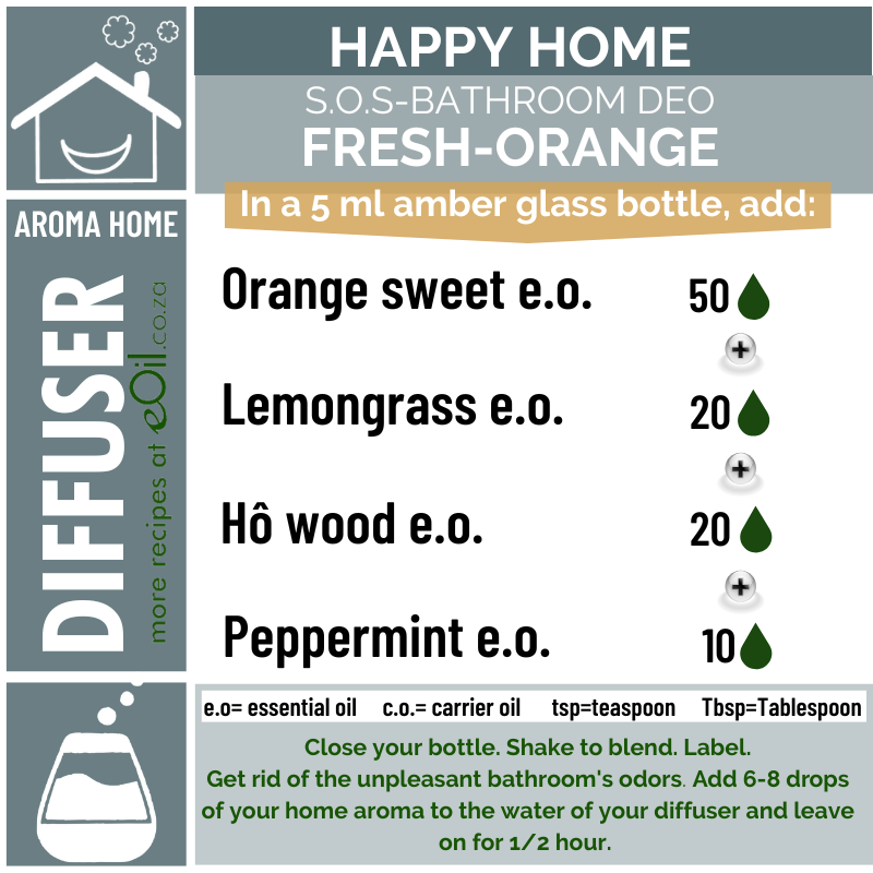 Diffuser Recipe - Happy Home - Aroma Home - S.O.S. Bathroom Deo Fresh Orange - eOil.co.za