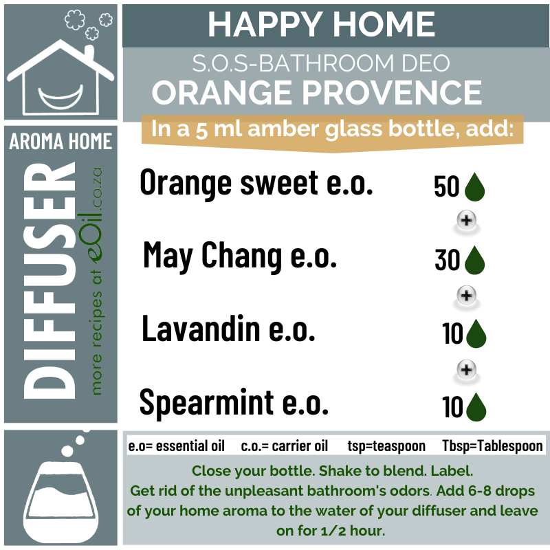 Diffuser Recipe - Happy Home - Aroma Home - S.O.S Bathroom Deo Orange Provence - eOil.co.za