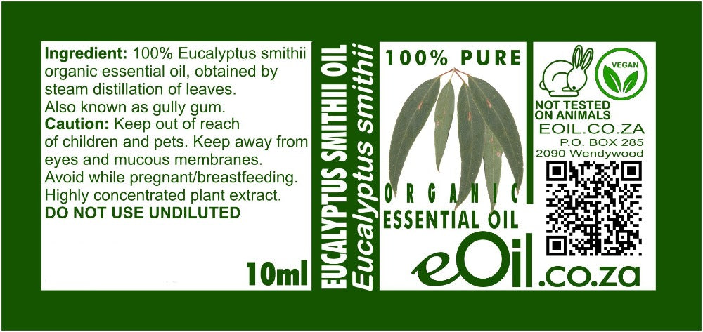 Eucalyptus smithii Essential Oil Organic, soft eucalyptus aroma, wellness applications eOil.co.za