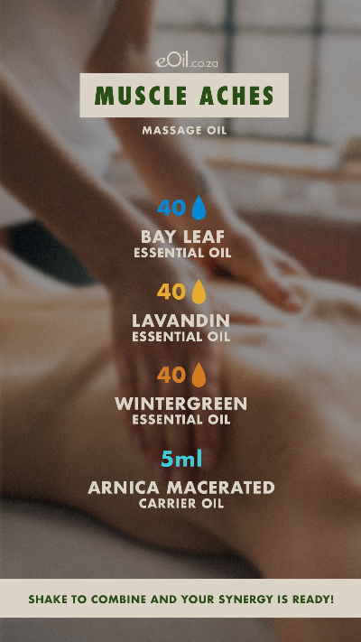 eOil.co.za massage recipe synergy essential and carrier oils muscle aches bay laurel, wintergreen, arnica, lavandin