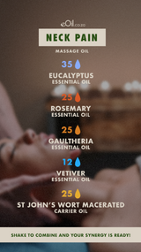 eoil.co.za recipe synergy to help relieve cramps, aches and pains in your neck muscles. Eucalyptus rosemary wintergreen gaultheria vetiver st john's wort essential and carrier oils