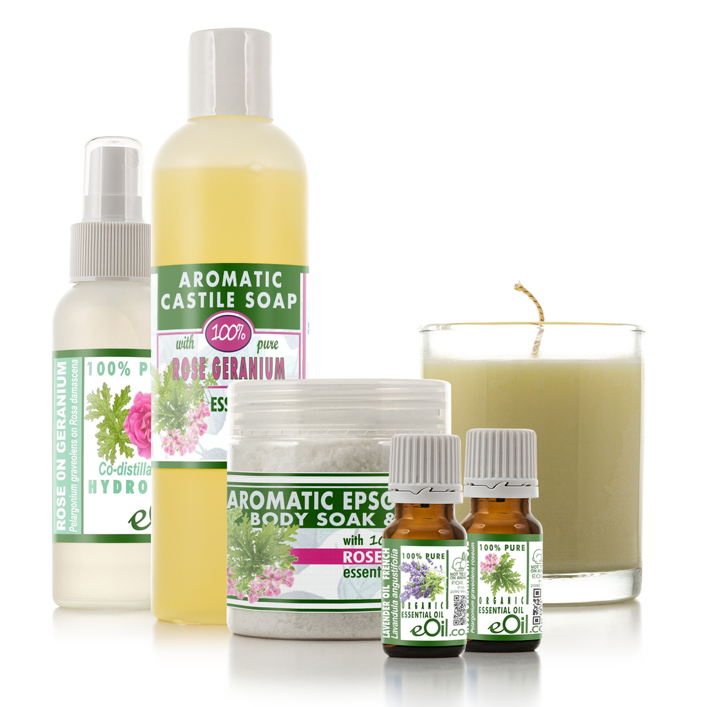 Gifts Collection - Rose Geranium - Essential Oils - Castile Soap - Hydrosol - Epsom Salt - Soy Massage Candle - eOil.co.za