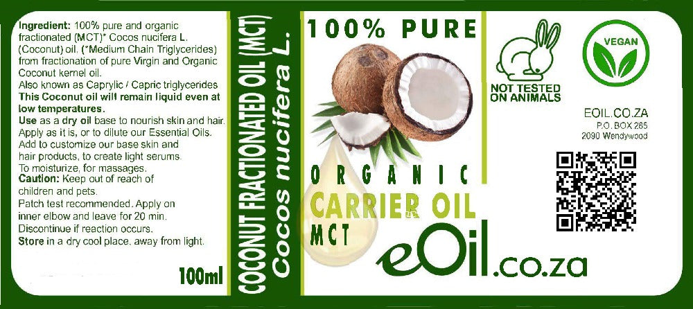 Coconut fractionated oil carrier organic MCT 100 ml (STAYS LIQUID) - eOil.co.za