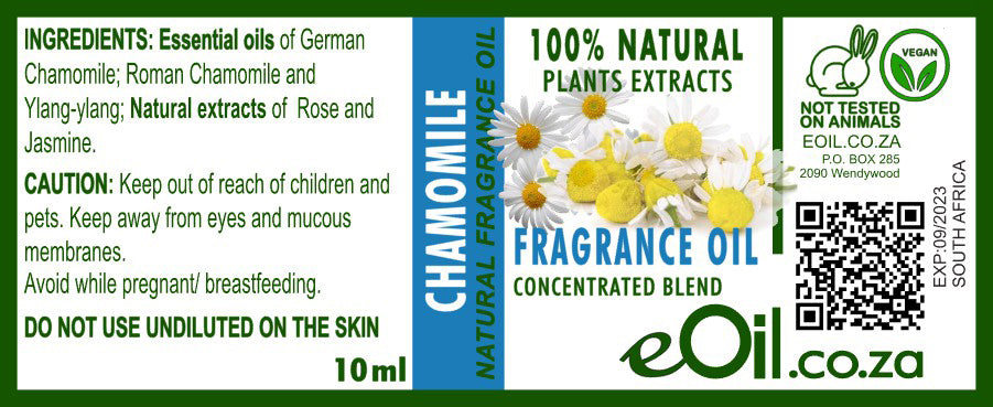 eOil.co.za Chamomile fragrance oil Perfumes, • Natural soaps, face wash, shower gels • Bath salts, scented baths • Natural body oil, creams, lotions, scented gels • After-shampoos, hair masks, hair sprays, • Home fragrance, Room spray, linen spray, candles • For skin applications, cosmetic uses, perfumes…