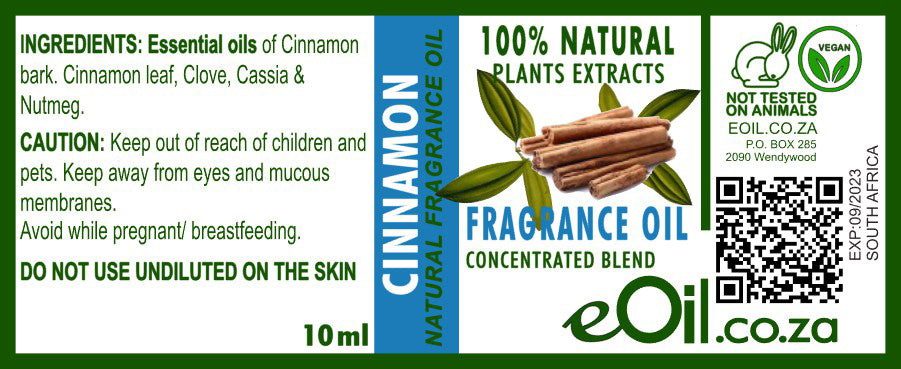 eOil.co.za cinnamon fragrance oil Perfumes, • Natural soaps, face wash, shower gels • Bath salts, scented baths • Natural body oil, creams, lotions, scented gels • After-shampoos, hair masks, hair sprays, • Home fragrance, Room spray, linen spray, candles • For skin applications, cosmetic uses, perfumes…