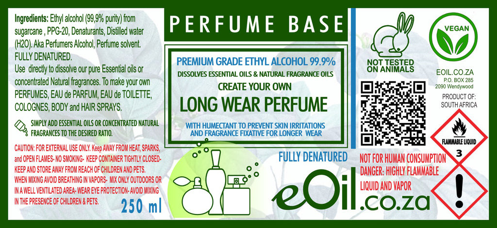 eOil.co.za This is a Natural Sugarcane Alcohol, to be used as a Perfume base for Premium perfumes formulations, made with pure Ethanol