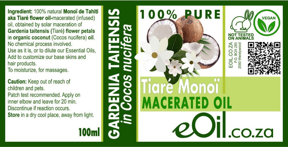 eOil.co.za macerated carrier oil monoi tiare gardenia taitensis tahitensis monoi de tiare 100 % pure Tahiti coconut extra virgin carrier oil natural flower fragrance hair and body oil infused after sun