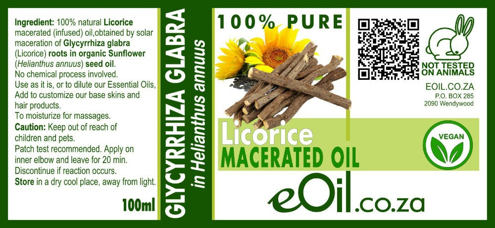 eoil.co.za macerated licorice carrier vegetable oil for dark spots, sunsports, hyperpigmentation, atopic skins, face serum, body oil