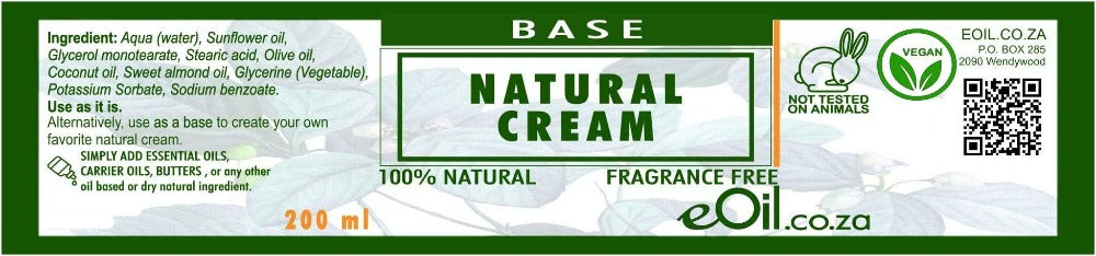 NATURAL CREAM NEUTRAL BASE FRAGRANCE FREE BASE 200 ml - eOil.co.za