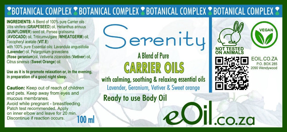 eOil.co.za body oil. This massage oil combines soothing and relaxing essential oils with nourishing, hydrating, calming, and balancing carrier oils. It is ideal to drive away accumulated stress, tensions, and anxiety and to prepare your body for a good wind down and a restoring sleep. Its sunny Vetiver and Citrus aromas are a real delight and will delicately perfume your skin.