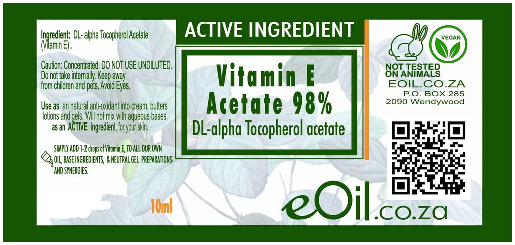 VITAMIN E ACETATE 98 % ACTIVE INGREDIENT (DL alpha Tocopherol acetate) 10 ml - eOil.co.za